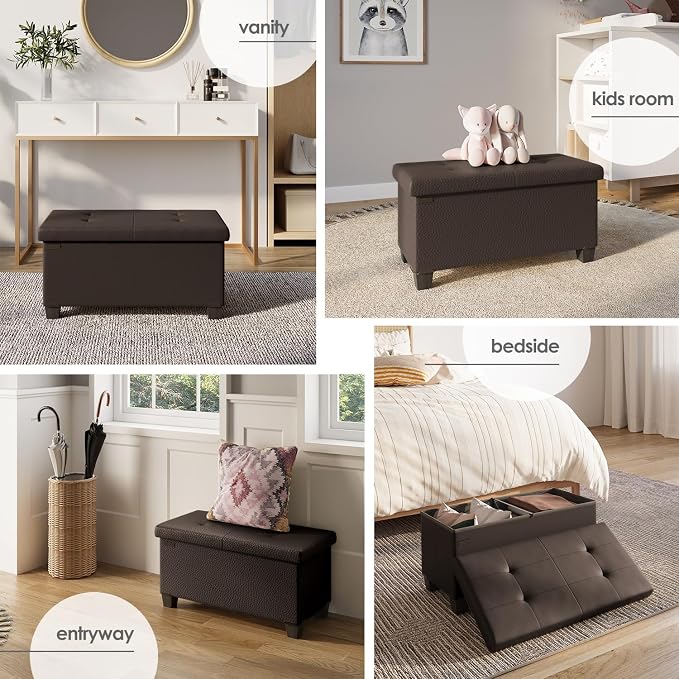Storage Ottoman Bench with Bins, 30-in Storage Bench for Bedroom End of Bed, Folding Foot Rest Ottoman for Living Room Max 660lbs, Faux Leather Ottomans, Brown - Image 4