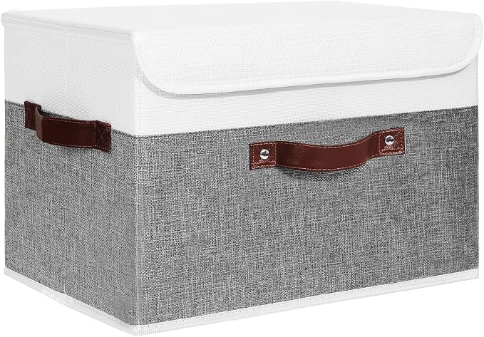 ANMINY Fabric Storage Box Bins with Lids, Gray White, 15"x10"x10" | Keepsake Memory Storage, Cotton Linen, PP Board Reinforced, Washable, PU Handles, Foldable & Stackable, Decorative, Large by ANMINY