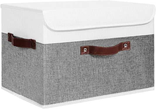 ANMINY Fabric Storage Box Bins with Lids, Gray White, 15"x10"x10" | Keepsake Memory Storage, Cotton Linen, PP Board Reinforced, Washable, PU Handles, Foldable & Stackable, Decorative, Large by ANMINY