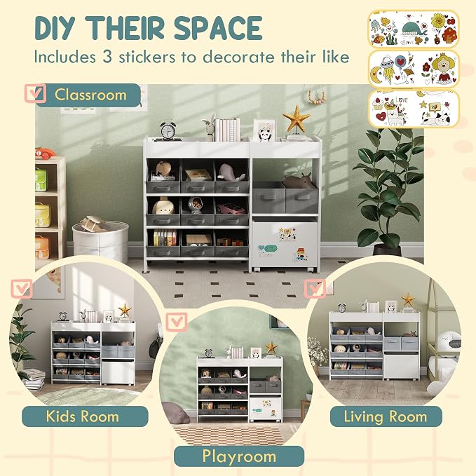 Qaba Toy Storage Organizer with 6 Shelves and 11 Fabric Bins, White | Moveable Toy Storage Cabinet, 3 Stickers, Kids Bookcase, Nursery, Playroom, Bedroom - Image 5