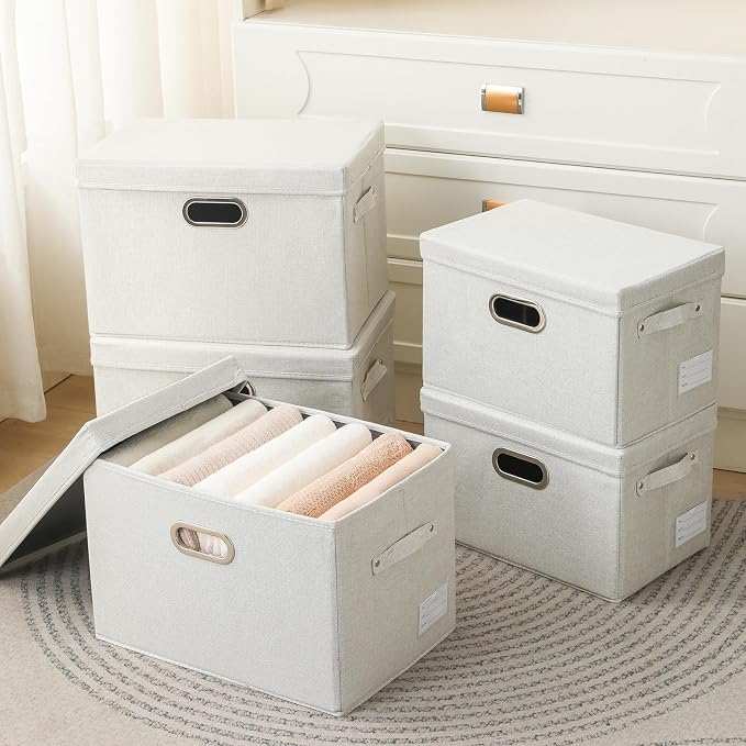 Large Collapsible Storage Containers with Lids [5-Pack] Fabric Foldable Storage Bins Boxes Organizer Baskets Cube with Cover for Home Bedroom Closet Office Beige(17.3x11.8x11.8) - Image 2