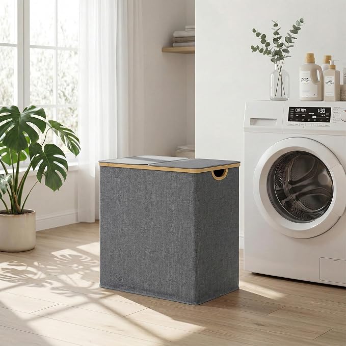 efluky Laundry Hamper with Lid, Double Laundry Basket with 2 Removable Bags, 2 Section Laundry Bin with Bamboo Handles for Bathroom, Bedroom & Laundry Room, 140L (36.9 Gallon) Blue Grey - Image 8