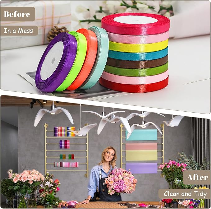 Yonynise Ribbon Storage Organizer,31.5-inch Width Wall Mounted Ribbon Holder Rack,7 Tier Large Capacity Metal Ribbon Storage for Craft Room,Flower Shop,Cake Shop,Gift Wrapping Paper,Golden - Image 5