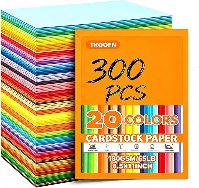 Tkoofn 300 Sheets 8.5" x 11" Colored Cardstock for Kids Card Making DIY | 20 Assorted Colors,180GSM/65LB,Heavyweight Construction CardStock Printer Paper for School Supplies,Party Decorations by TKOOFN