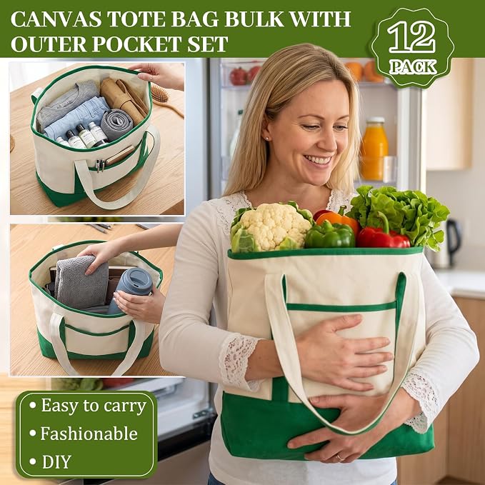 Sanwuta Canvas Tote Bags Bulk with Outer Pockets,Red Green,12 Pack | Reusable Cotton Grocery Bags, Perfect for Teachers, Party Giveaways, DIY Crafts, Wedding Favors, Business Gifts - Image 5