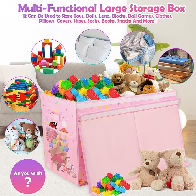 Large Toy Box, Sturdy Kids Storage Organizer for Boys Girls, 25"x13"x16" | Collapsible Storage Box with Lids, Toy Chest Bins Basket for Living Room, Playroom, Nursery, Pink - Image 3