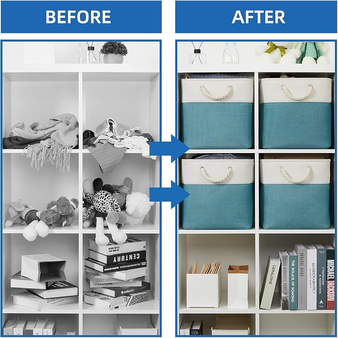Temary Cubes Storage Baskets 12 Inch Cube Storage Bins for Shelf, Fabric Storage Cubes for Gift Empty Baskets for Home, Collapsable Box Basket for Storage (White&Teal) - Image 6