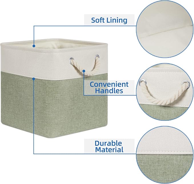 Temary Cube for Shelves 11 Inch Bin 4Pack Fabric Storage Baskets for Organizing Toys, Clothes, Decorative Baskets with Rope Handles (White&Green) - Image 4