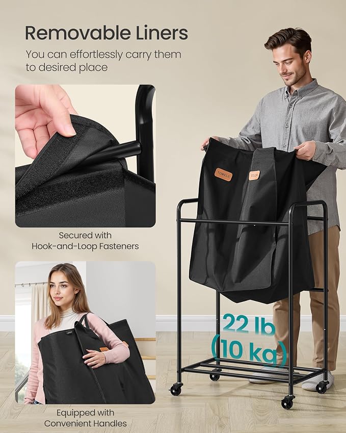 SONGMICS 2-Section Laundry Sorter, Laundry Hamper with Wheels, Rolling Clothes Hamper Cart with Large Capacity and Removable Bags, for Laundry Room, Bedroom, Bathroom, Ink Black URLS210B01 | Rolling Clothes Hamper Cart, Large Capacity, for Laundry Room... - Image 5