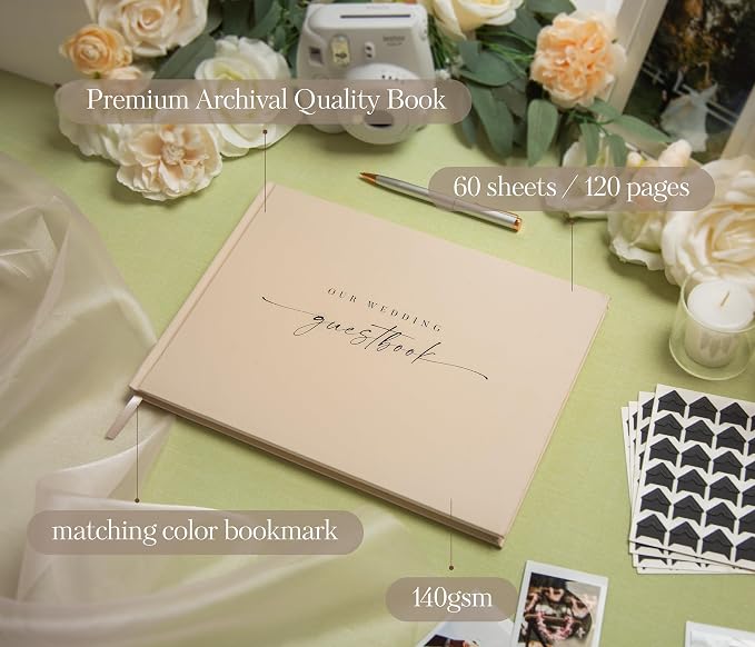 Wedding Photo Guest Book (Oats) - Includes 120 Black Photo Corner Stickers | 11.5" x 8.5" Photo Booth Sign In Book for Reception & Ceremony | Engagement Party Keepsake w/ Photo Slots and Lined Pages - Image 3