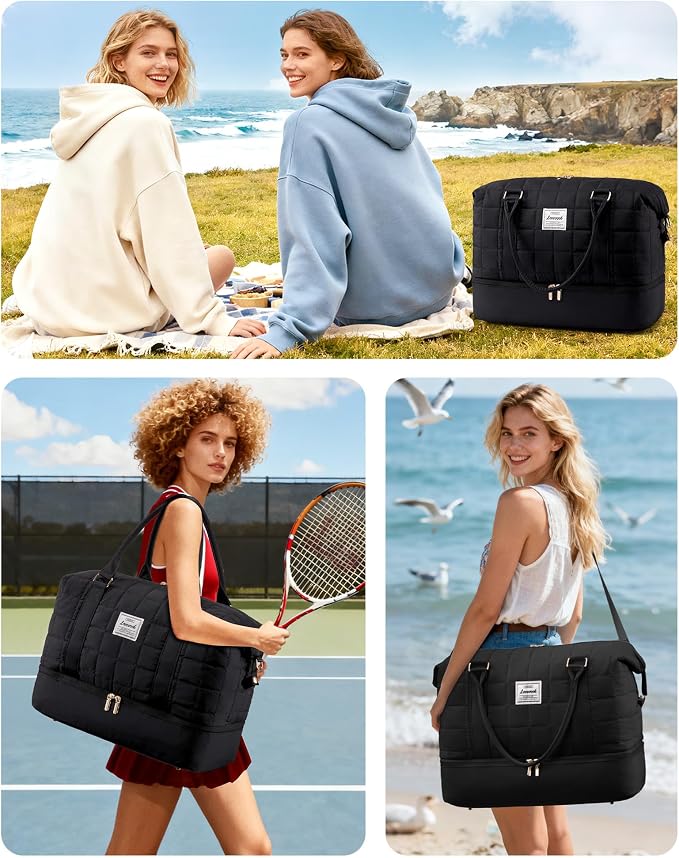 LOVEVOOK Travel Duffel Bag - Versatile Weekender Bag for Women, Puffer Carry On & Overnight Bag for Short Trips, Black - Image 2