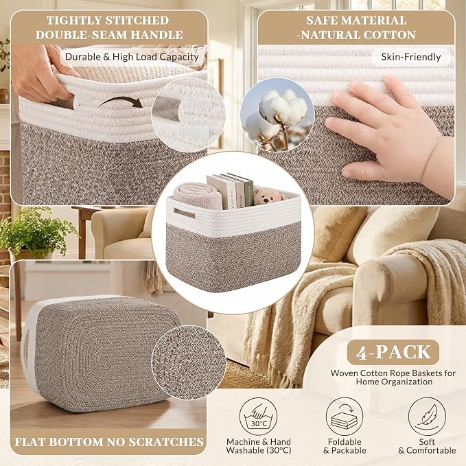 OIAHOMY 4 Pack Storage Basket, 13"x9"x7.8" Cotton Rope Baskets for Shelves, Closet Organizer for Bedroom & Living Room, Soft Decorative Bins for Organizing Towels, Books & Toys, Deep Brown & White - Image 3