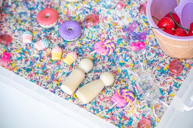 Sweets Shop Sensory Bin Kit for Kids | Bright Rainbow Rice, Candy Erasers, Donut Containers & Wooden Tools – Includes Clear Storage Bin - Image 3