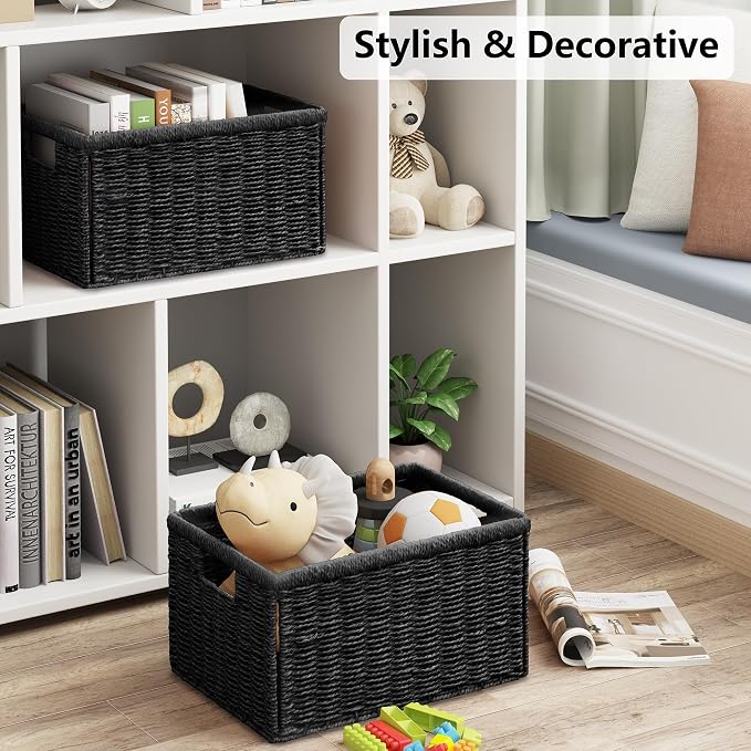 2 Packs Large Wicker Storage Basket, Closet Storage Baskets Bins for Shelves, Decorative Collapsible Baskets for Organizing Clothes Toy Nursery Bathroom Organizers and Storage, Black - Image 7