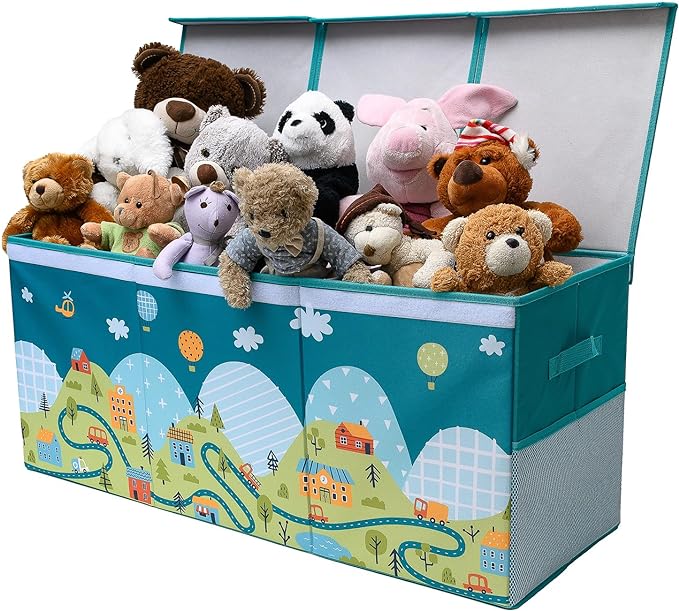 SoftOwl Extra Large Toy Storage Organizer with Lid - Sturdy, Collapsible Toy Chest Storage Box with Cute Design - Toys Bin with Dividers for Kids, Boys, Girls, Nursery, Bedroom, Play room 37"x16"x14" by SoftOwl