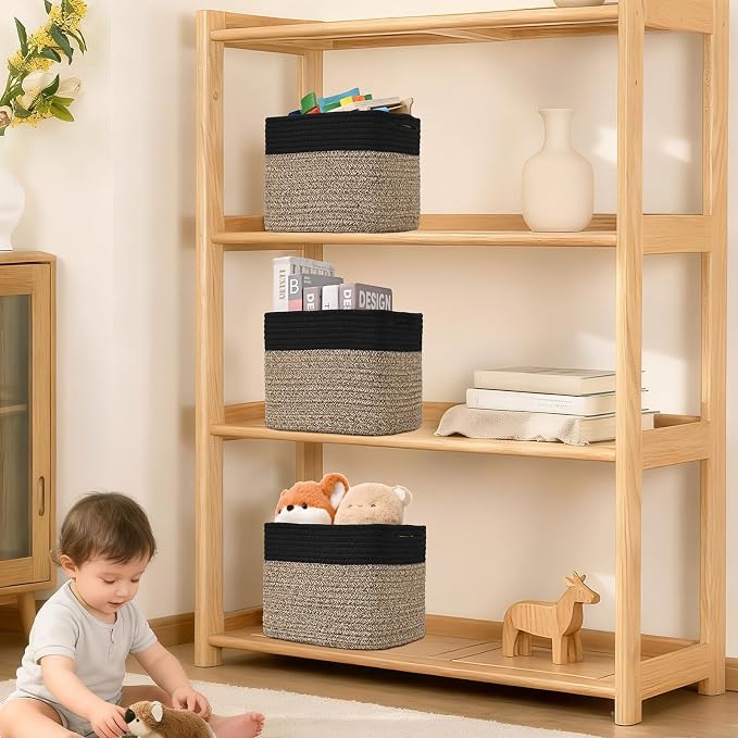 3 Pack Cube Storage Bin, 9”x9”x7” Cotton Rope Woven Baskets for Organizing Toys Clothes Towels, Square Gift Storage Baskets for Shelves, Nursery, Closet, Bathroom, Pantry (Black & Brown) - Image 7