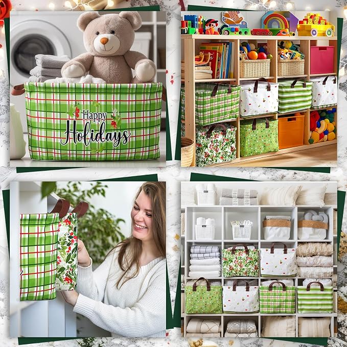 CHENGU 6 Pack Christmas Storage Basket Collapsible Christmas Tree Basket for Gift Green Truck Holiday Decor Large Flower Wreath Bin Foldable Hello Winter Dotted Box with Handle for Bedroom Office Home - Image 6