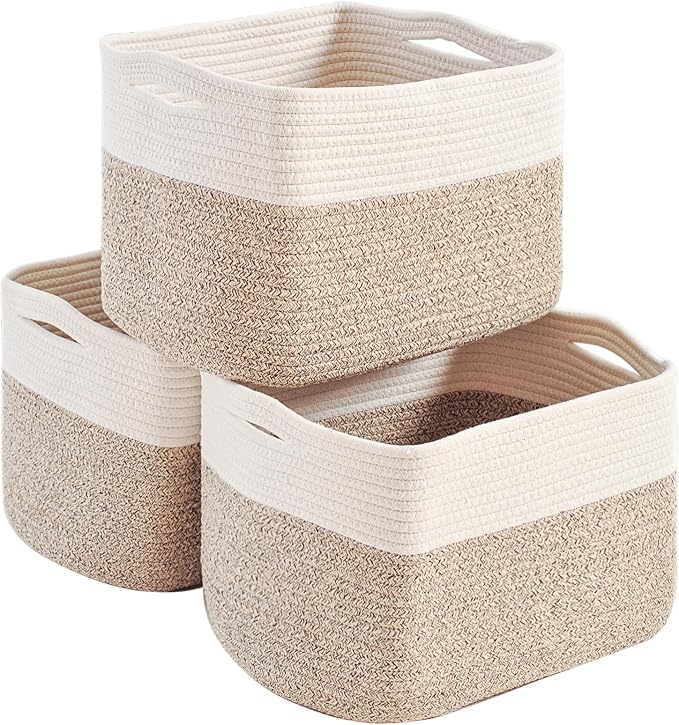 Storage Baskets for Organizing, Woven Storage Baskets for Shelves, Toy Storage Baskets for Kid's Room, Towel Baskets for Bathroom Nursery, 14.8"×11"×9.5", Pack of 3, Off White & Brown by Unknown