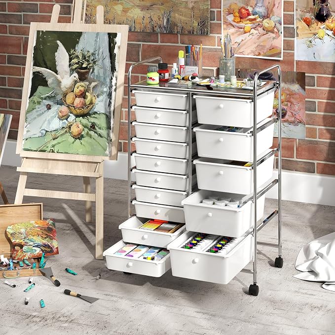 DREAMADE 15-Drawer Rolling Storage Cart, Mobile Craft Cart, White | Utility Organizer with Lockable Wheels, Removable Plastic Drawers and Metal Frame for Home Office, Classroom and Studio - Image 7
