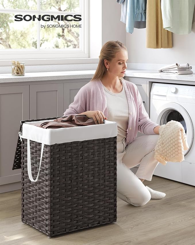 SONGMICS Laundry Hamper with Lid, 23.8 Gallon (90 L) Synthetic Rattan Clothes Laundry Basket with Lid and Handles, Foldable, Removable Liner, Chestnut Brown ULCB051K02 - Image 2