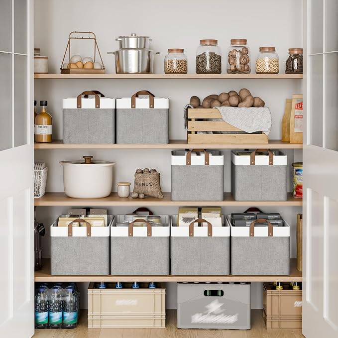 StorageWorks Fabric Storage Bin, Closet Bins, Gray and White, Large, 2-Pack | With Reinforced PU Handles, Metal Frame, Collapsible, Storage Basket for Shelves, Closet, Holds Clothes, Towels, Blankets - Image 3