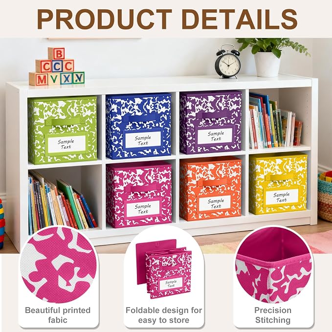 LemonRoad 6 Fabric Storage Cube 11 Inch Foldable Marble Storage Bin with Label for Organizing Pantry, Toy Box, Clothes Closet Collapsible Basket for School Organizing with Handle(Rainbow, Label) - Image 3