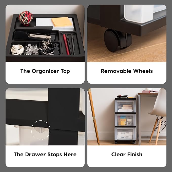 IRIS USA 3-Drawer Rolling Storage Cart, Black/Clear | Keep classroom supplies, teacher essentials, craft materials, and learning tools organized with easy-access drawers. - Image 5