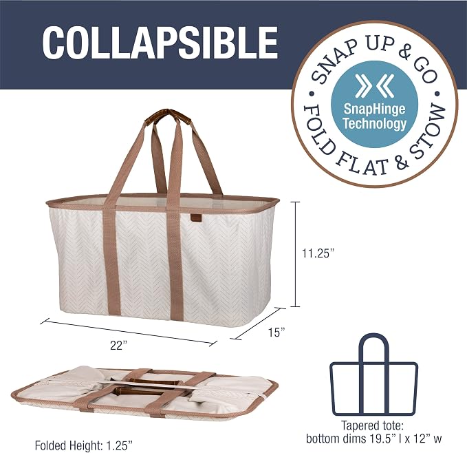 Collapsible Fabric Laundry Basket Tote Premium, Herringbone, 2 Pack | Bring a Polished Look to Laundry Day | Cotton-Blend Fabric and Vegan Leather Pair with Long Handles and 55 lb Support - Image 2
