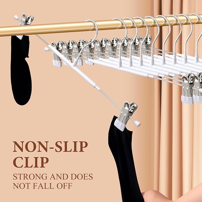 Pants Hangers with Clips Skirt Hangers 16 Inch 20 Pack, White | Non-Slip,Adjustable metal clips,Space-Saving,Heavy duty, for pants/skirt/dress/trousers/jeans/shorts/Clothes,Women,men - Image 3