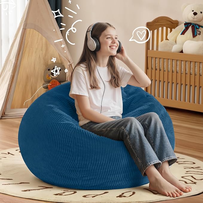 2FT Bean Bag Chair: 2' Small Bean Bags with Memory Foam Filled | Beanbag Chairs with Handle,Teardrop Bean Bag Sofa with Corduroy Machine Washable Cover for Living Room,Bedroom-Dark Blue - Image 6