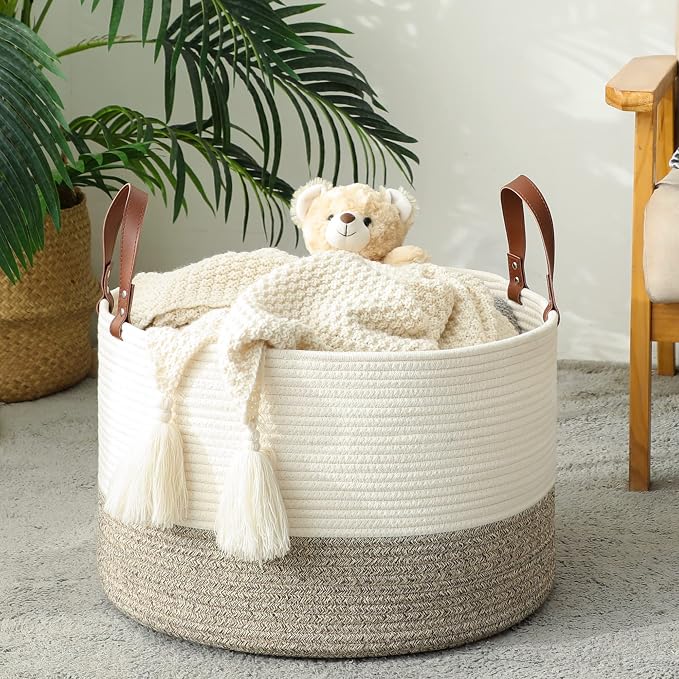 KAKAMAY Large Blanket Basket (20"x13"),Woven Baskets for storage Baby Laundry Hamper,Cotton Rope Blanket Basket for Living Room, Laundry, Nursery, Pillows, Baby Toy chest (White/Beige) | Extra Large Capacity | Natural Cotton Rope | Blanket Storage | Wo... - Image 3