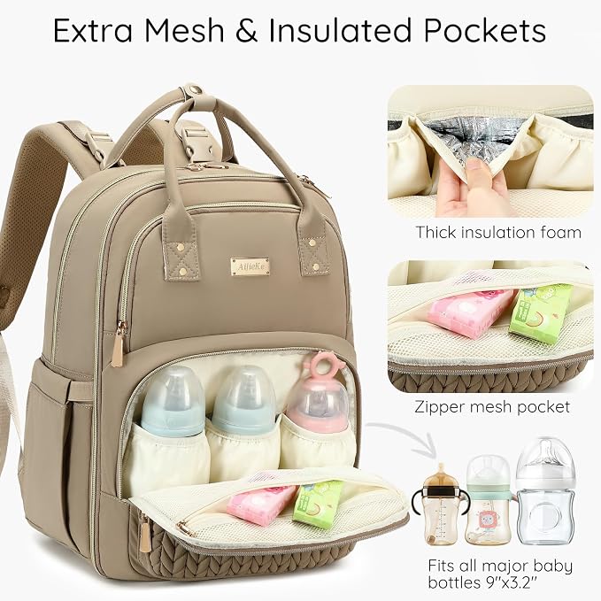 AIJIEKE Diaper Bag Backpack, Large Multi-functional Diaper Backpack, Khaki | Waterproof lightweight baby backpack. With changing pad, stroller straps, insulated & wet/dry pockets. Mom & dad essential - Image 5