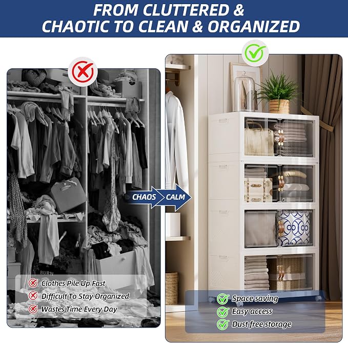 SAILUN 144QT/36Gal Stackable Storage Bins with a Lid, Collapsible Storage Bins With Doors, Folding Cabinet for Home Closet Organization,4 Pack-17.7" W x 11.8" D x 39.4" H White - Image 2