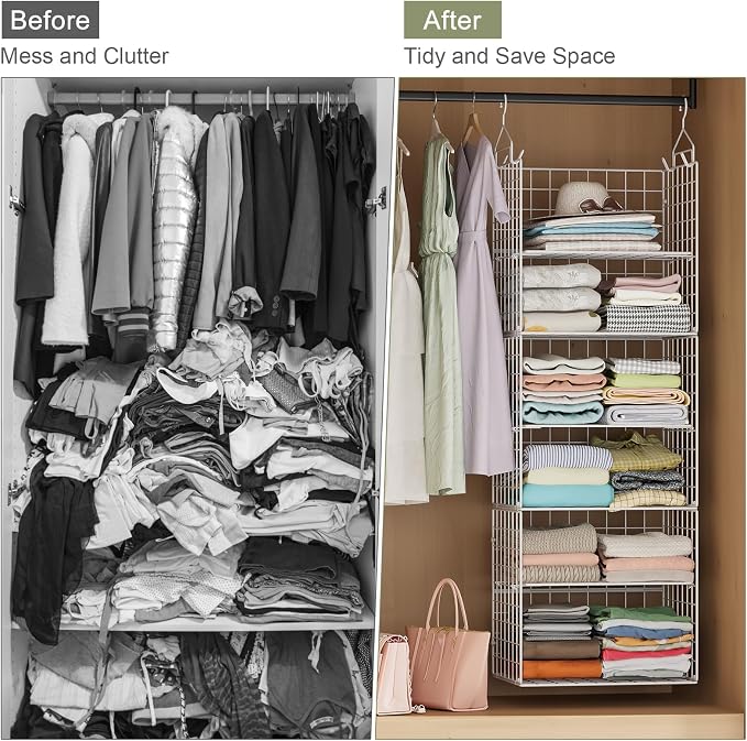 X-cosrack 8-Tier Closet Hanging Organizer Shelf - Hanging Clothes Organizer Shelves, Metal & Foldable Hanging Closet Organizer Baskets with Adjustable Dividers for Clothing Sweaters Shoes Handbags - Image 7