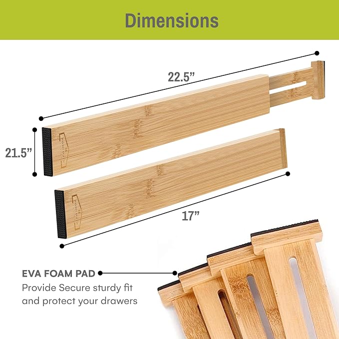 Bamboo Drawer Dividers Adjustable & Expandable, Kitchen Drawer Organizer, Ideal for Silverware, Dresser Drawers Organizer or Bedroom & Bathroom Drawers Organizers (8pk) - Image 3