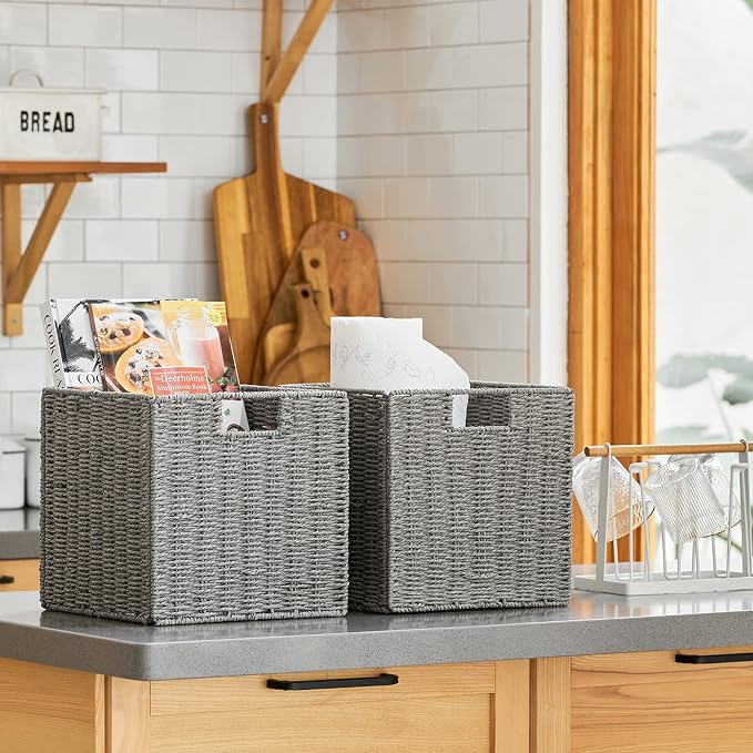 Wicker Storage Basket, Set of 2 Hand-Woven Storage Baskets for Shelves with Handles, Foldable Cube Storage Baskets Bins Organizer 13 inch Large Wicker Baskets for Pantry Bedroom Decor, Grey - Image 4