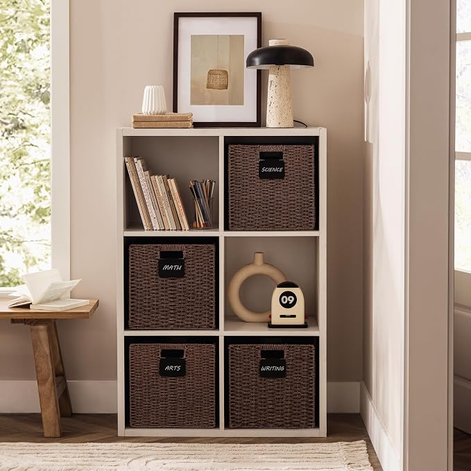 UBBCARE 4 Pack Wicker Basket, 13×13 Storage Cubes with Label, Foldable Cube Storage Bin with Handle, Square Storage Basket for Shelves, Woven Paper Rope Basket for Organizing, Brown - Image 5