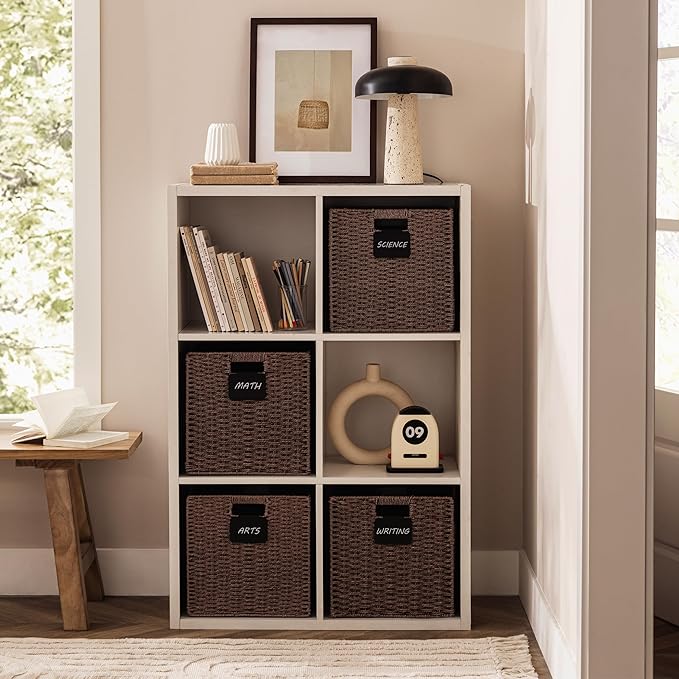 UBBCARE 2 Pack Wicker Basket, 12×12 Storage Cubes with Label, Foldable Cube Storage Bin with Handle, Square Storage Basket for Shelves, Woven Paper Rope Basket for Organizing, Brown - Image 5