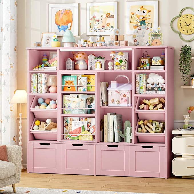 Toy Storage with Sliding Bookshelf, Toy Organizer with 4 Bins | 55.1’’ W Large Toy Storage Organizer Kids Bookshelf with 4 Movable Drawers, Toy Bins Playroom Storage for Kid Room, Pink - Image 2
