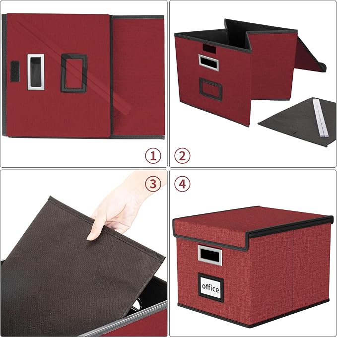 File Organizer Box with Lids, Collapsible File Folder Organizer | File Box with Plastic Slides for Office Document Storage, Filing Bin for Letter Size Hanging File Folders (1 Pack, Dark Red) - Image 7