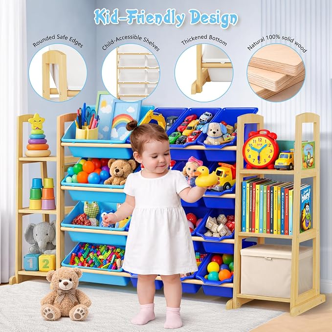 Kids Toy Storage Organizer with Bookshelf – Wooden Shelf with 16 Bins & 6 Shelves, Quick Assembly Storage Rack for Playroom, Bedroom, Nursery - Blue - Image 3