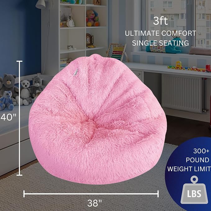 Bean Bag Stuffed Animal Storage Chair Cover (No Filler) for Kids and Adults. Extra Large Bird's Nest Beanbag Memory Foam Soft Premium (Light Pink (Faux Fur), 3ft (Cover Only)) - Image 3