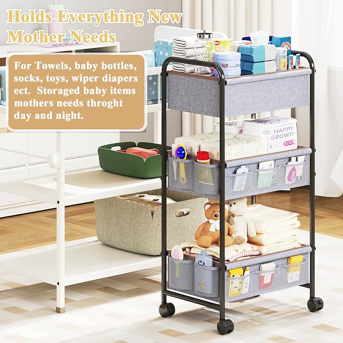 3-Tier Baby Diaper Caddy Cart Organizer with 2 Dividers & 14 Mesh Pockets - Black Mobile Nursery Storage Cart with Wheels, Durable Metal Utility Cart for Nursery, Bedroom, Baby Essentials Organization - Image 7