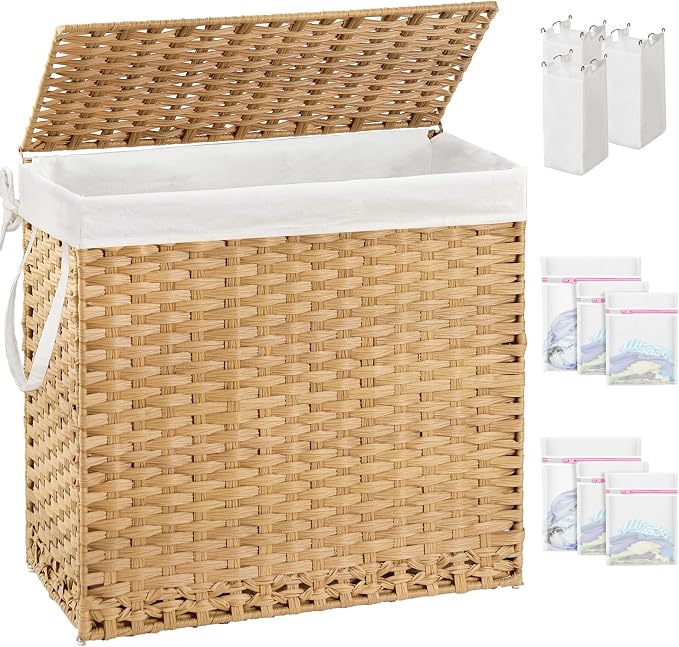 SETVSON Laundry Hamper with Lid Laundry Basket 132 L PE Rattan Natural | Decorative PE Rattan Furniture Look for Bedroom, Large Sorting Hamper with Lid, 4 Liners, 6 Mesh Bags, Steel Frame by SETVSON
