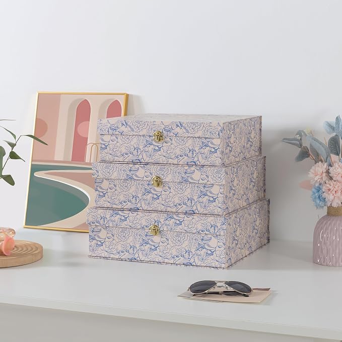 Soul & Lane - Blue Floral Storage Boxes with Gold Hardware, Set of 3 | Keepsake Trunk Style Storage Boxes with Lids for Home Decor and Organizing, Cute White Vintage Wedding Memory Chests - Image 3