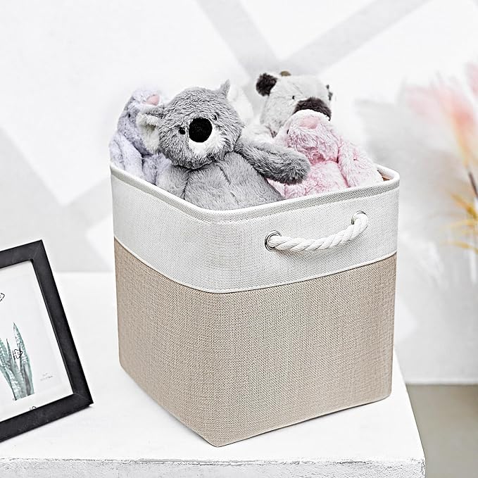 Fabric Storage Cubes 13 x 13, Collapsible Storage Bins for Shelf Baskets, Cube Storage Organizer White Beige Bins with Cotton Handles,Foldable Storage Bin box,Cube Storage Bin 6 Pack - Image 3