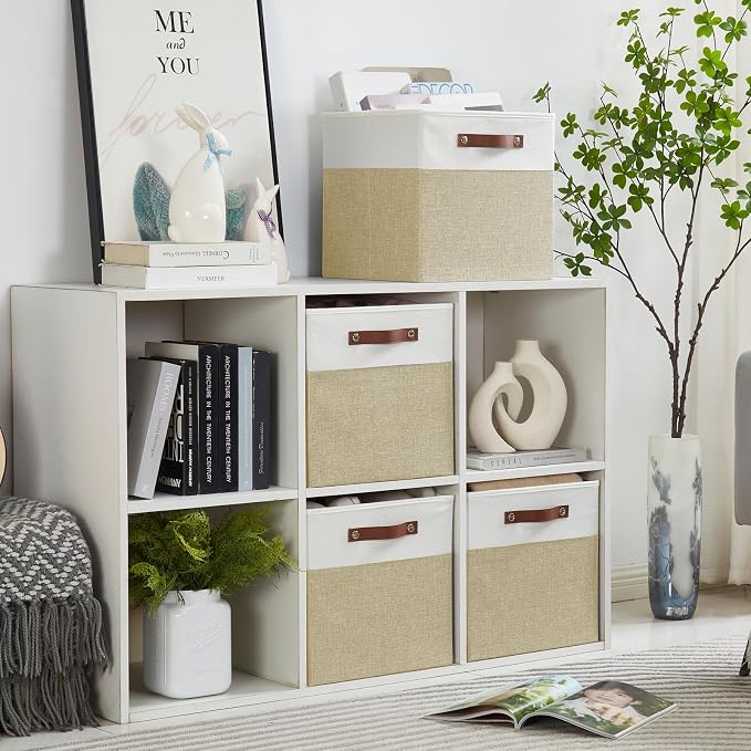Collapsible Fabric Storage Cube Bins with 2 Reinforced PU Handles, Foldable Storage Organizer Baskets for Closet, Shelves, Living Room | 13"x13"x13", 4 Pack, Beige & White - Image 6