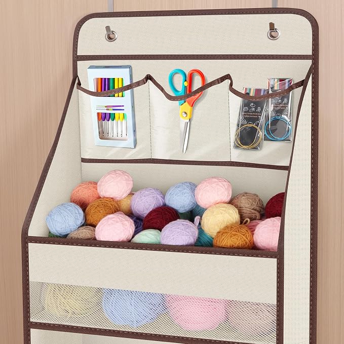 Univivi Fabric Over Door Hanging Organizer for Baby Nursery, Beige, 6-Shelf | Door Storage with Large Capacity Breathable Mesh Pockets, Over the Door Organizer for Baby Essential, Bedroom and Dorm - Image 4