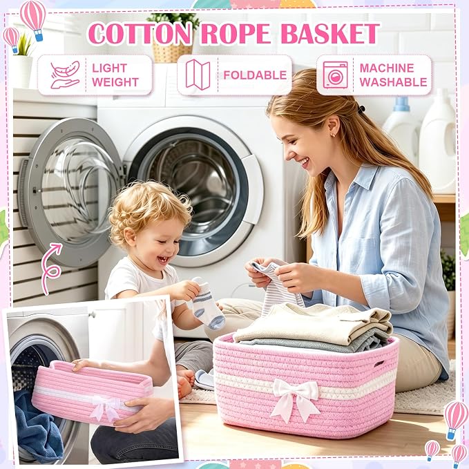 10 Pack Empty Gift Baskets, 12x8x5 Small Pink Woven Cotton Rope Baskets with Gift Bags & Ribbons, Decorative Baby Shower Hamper, Nursery Storage Basket with Handles for Shelves - Image 6