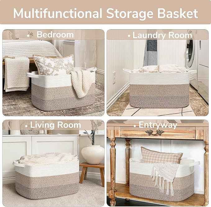 Goodpick Large Woven Rope Blanket Basket, Rectangle, Light Brown | 21.6'' x 14.9'' x 11.8'' Storage Basket for Toys, Blankets & Clothes, Living Room & Nursery Organization, Reinforced Handles - Image 4